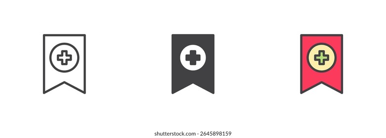 Bookmark icon with a plus sign in line, solid, and filled outline style. Vector color icon set. Bookmark symbol, glyph and color sign. Three style icon pack.