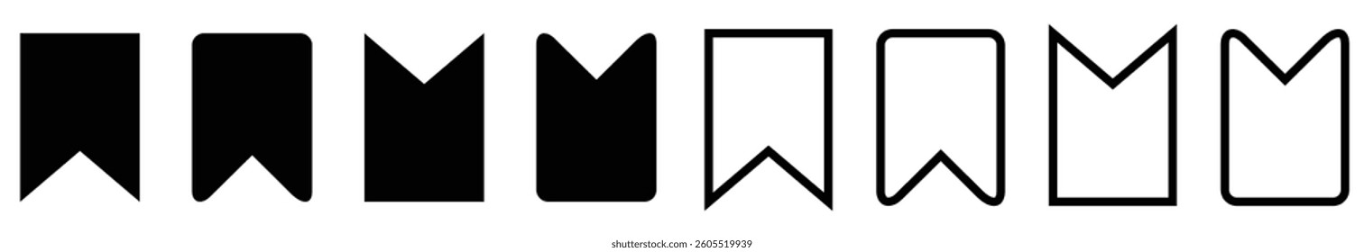Bookmark icon set in outline and glyph style with sharp and rounded corners, collection bookmark signs. vector illustration.