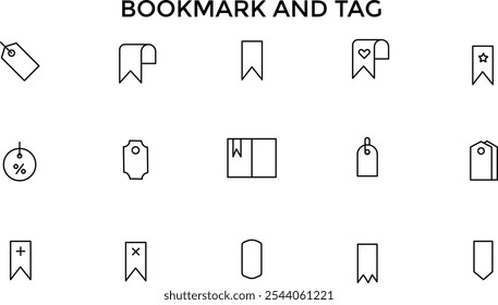 Bookmark icon set. Save sign collection. Bookmark with plus, star, check. Bookmark and Tag icon set. Save sign collection.
