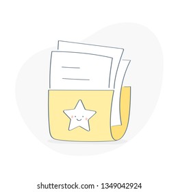 Bookmark icon, yellow folder with star on it's cover and documents sheets inside the file. Archive, favorite website pages, collection, add to favorites. Flat outline modern vector on white.