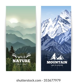 Lesezeichen wie Landschaftsbanner von Wildwald vor Hagelhügeln und Wintergebirgen Vektorgrafik