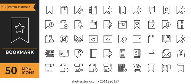 Bookmark line icon set. Containing Book, Library, Favorite, Document, File, Flag, Label, Tag, Note, Folder, Star, Paper, and more. editable stroke. vector illustration