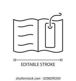 Bookmark linear icon. Thin tool for marking read page. Tracking reader progress in book. Thin line customizable illustration. Contour symbol. Vector isolated outline drawing. Editable stroke