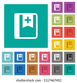 Bookmark multi colored flat icons on plain square backgrounds. Included white and darker icon variations for hover or active effects.