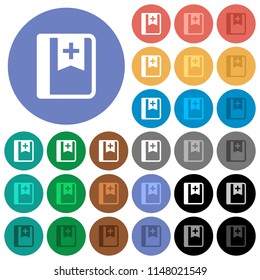 Bookmark multi colored flat icons on round backgrounds. Included white, light and dark icon variations for hover and active status effects, and bonus shades on black backgounds.