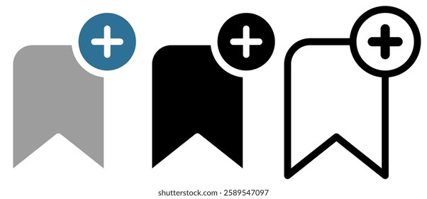 bookmark with plus sign icon, simple flat style, illustration, logo sign symbol pictogram template, for ui or ux isolated on white for mobile app, editable