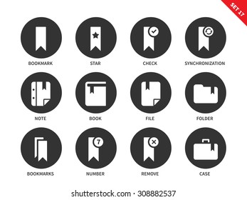 Bookmark and print media vector icons set. Reading and education consept. Items for advertising and web sites, bookmarks, note, book, file, folder and case. Isolated on white background