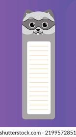 Bookmark with raccoon. Poster or banner for website, education, learning, training and self development. School supplies for kids with cute and adorable animals. Cartoon flat vector illustration