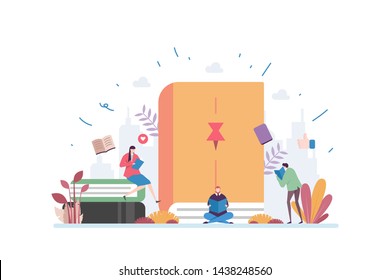 Bookmark Reading Vector Illustration Concept Showing a big book with bookmark pin symbol, Suitable for landing page, ui, web, App intro card, editorial, flyer, and banner.