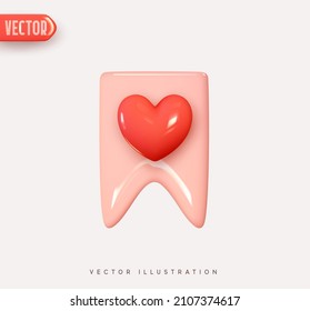 Bookmark ribbon. Label mark. Web save, add favorites sign flag. 3d vector Icon with red heart. Realistic Elements for romantic design