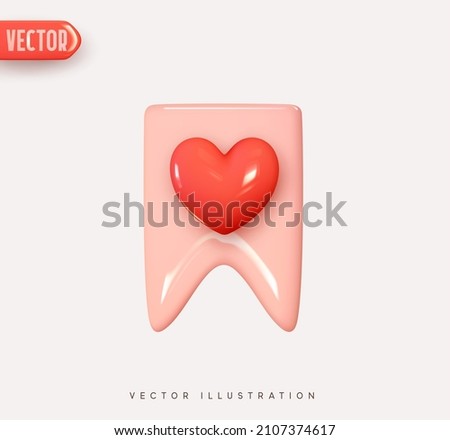 Bookmark ribbon. Label mark. Web save, add favorites sign flag. 3d vector Icon with red heart. Realistic Elements for romantic design