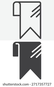 Bookmark save page icon set in different style. Line outline icon and solid icon version with ribbon shape, editable stroke vector sign and symbol for favorites, tags and web browser.