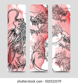 Bookmark set with chinese dragon and watercolor backdrop. Vector illustration