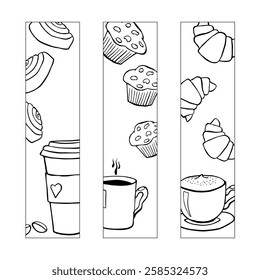 Bookmark set with coffee mugs and pastries. Coloring bookmarks, a beautiful surprise for coffee and book lovers.