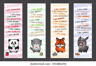 Bookmark set with cute animal and affirmations for kids. Bookmark template. Vertical cards with animals: Fox, Cat, Donkey, Panda. Stationery in cartoon style. Vector book divider collection. 