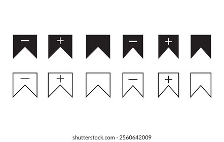 Bookmark set icon. Note, check box, mark, tick, pick, website, online, internet, literature, save. Technology concept. Vector black line icon on white background