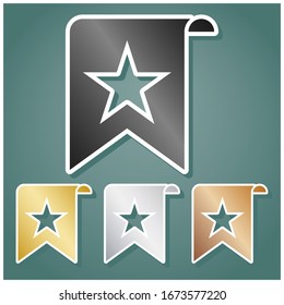 Bookmark sign. Set of metallic Icons with gray, gold, silver and bronze gradient with white contour and shadow at viridan background. Illustration.