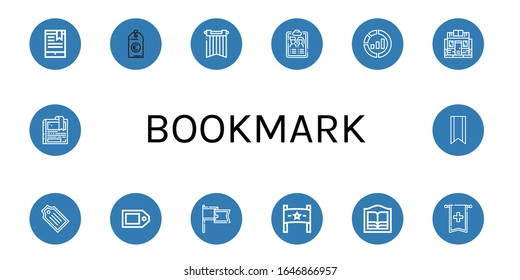 bookmark simple icons set. Contains such icons as Bookmark, Price tag, Banner, Guest list, Marketing, Bookstore, Tag, can be used for web, mobile and logo