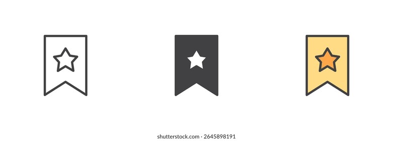 Bookmark with a star icon in line, solid and filled outline color styles. Colorful vector icon pack showing favorite or rating sign in various styles.