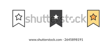 Bookmark with a star icon in line, solid and filled outline color styles. Colorful vector icon pack showing favorite or rating sign in various styles.