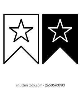 Bookmark star icon in outline style, vector EPS 10 format. Combines a bookmark tab with a star symbol, representing favorite, saved, or featured content in digital interfaces and web applications.