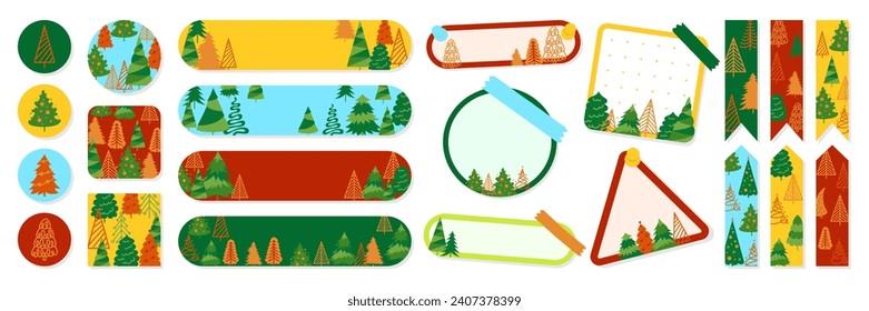 Bookmark and sticker stationery set with Christmas tree design. Paper book mark template sticky patch. Badge design for notepad reminder with xmas pine ornament. Vector scrapbook isolated illustration