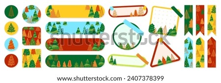 Bookmark and sticker stationery set with Christmas tree design. Paper book mark template sticky patch. Badge design for notepad reminder with xmas pine ornament. Vector scrapbook isolated illustration