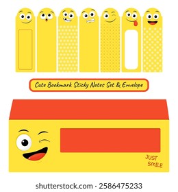 Bookmark Sticky Notes Set and Envelope. Kawaii Adhesive Tags collection for children. Cartoon sticky note element with emoji. Perfect for reminders, planning and nursery organization. Vector EPS8