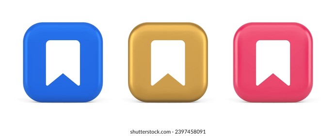 Bookmark tag flag button book reading document learning remember web app 3d realistic blue gold and pink icons. Literature educational text learning book note mark interface emblem