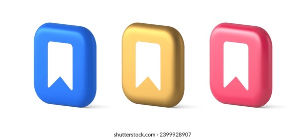 Bookmark tag flag button book reading document learning remember web app 3d realistic blue gold and pink icons. Literature educational text learning book note mark interface emblem
