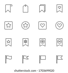 Bookmark and tags line icons set. linear style symbols collection, outline signs pack. vector graphics. Set includes icons as favorite bookmark with star and heart, flag, settings, add, remove