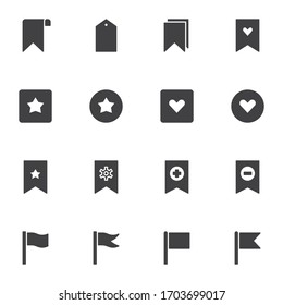 Marcador y etiquetas iconos vectoriales conjunto, colección moderna de símbolos sólidos, paquete de pictogramas estilo relleno. Señales, ilustración del logotipo. Set incluye iconos como marcador favorito con estrella y corazón, bandera, configuración