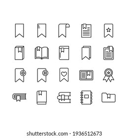 Bookmark vector icons set. Set includes icons as favorite website bookmark, folder, document, page, book, flag, star. Black illustration isolated for graphic and web design. Editable stroke