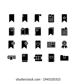 Bookmark vector icons set. Set includes icons as favorite website bookmark, folder, document, page, book, flag, star. Black illustration isolated for graphic and web design.
