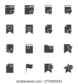 Bookmark vector icons set, modern solid symbol collection, filled style pictogram pack. Signs logo illustration. Set includes icons - website bookmark, favorite book, folder, document file, star, flag