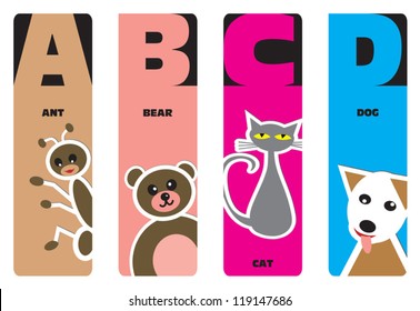 bookmarks - animal alphabet A for ant, B for bear, C for cat, D for dog