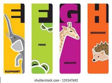 bookmarks - animal alphabet E for elephant, F for frog, G for giraffe, H for hedgehog