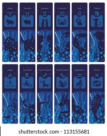 Bookmarks or banners set with the European zodiac signs and symbols