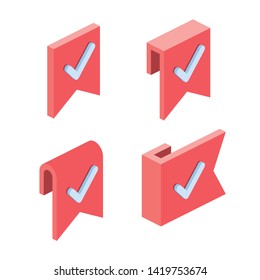 Bookmarks check mark set. Vector 3d isometric color icon new flat style. Creative illustration, idea for infographics.