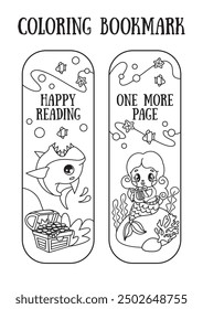 Bookmarks for children books. Illustration of a shark, mermaid at the bottom of the ocean. black and white graphics, line style