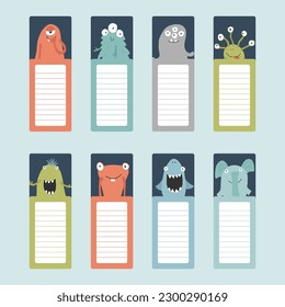 Bookmarks with cute monster set, Cartoon monsters sticker collection. Vector illustration