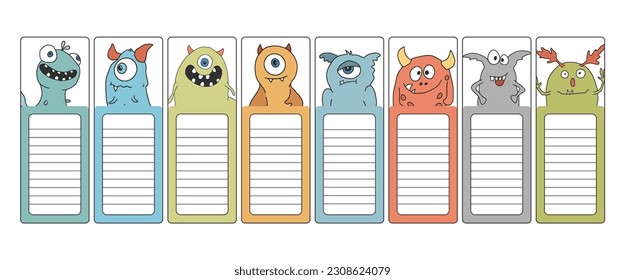 Bookmarks with cute monster set, Cartoon monsters sticker collection. Vector illustration