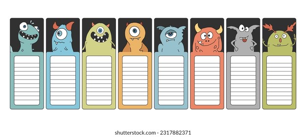 Bookmarks with cute monster set, Cartoon monsters sticker collection. Vector illustration