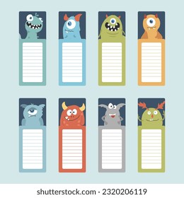 Bookmarks with cute monster set, Cartoon monsters sticker collection. Vector illustration