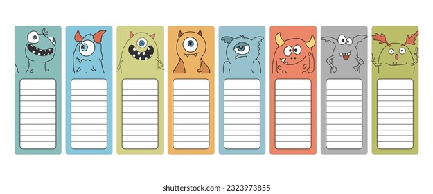 Bookmarks with cute monster set, Cartoon monsters sticker collection. Vector illustration