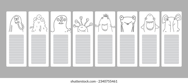 Bookmarks with cute monster set, Cartoon monsters sticker collection. Vector illustration