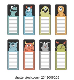 Marcadores con un juego de monstruos adorables, colección de stickers de caricaturas. Ilustración del vector