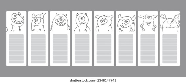 Bookmarks with cute monster set, Cartoon monsters sticker collection. Vector illustration
