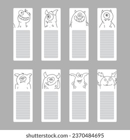 Bookmarks with cute monster set, Cartoon monsters sticker collection. Vector illustration
