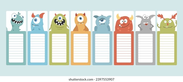Bookmarks with cute monster set, Cartoon monsters sticker collection. Vector illustration